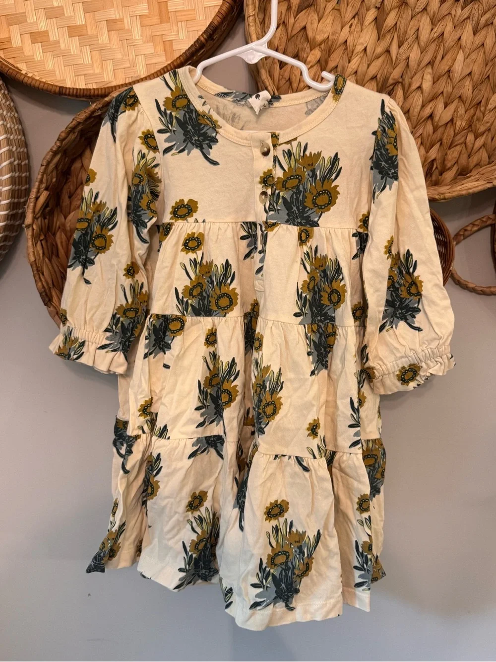 Cream Floral prairie Tiered Dress with Mustard Sunflower Print